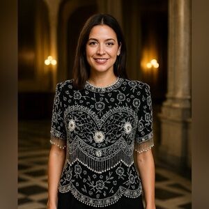 VTG Black Tie By He Ro Industries Sequin Beaded Floral 100% Silk Blouse Sz Small